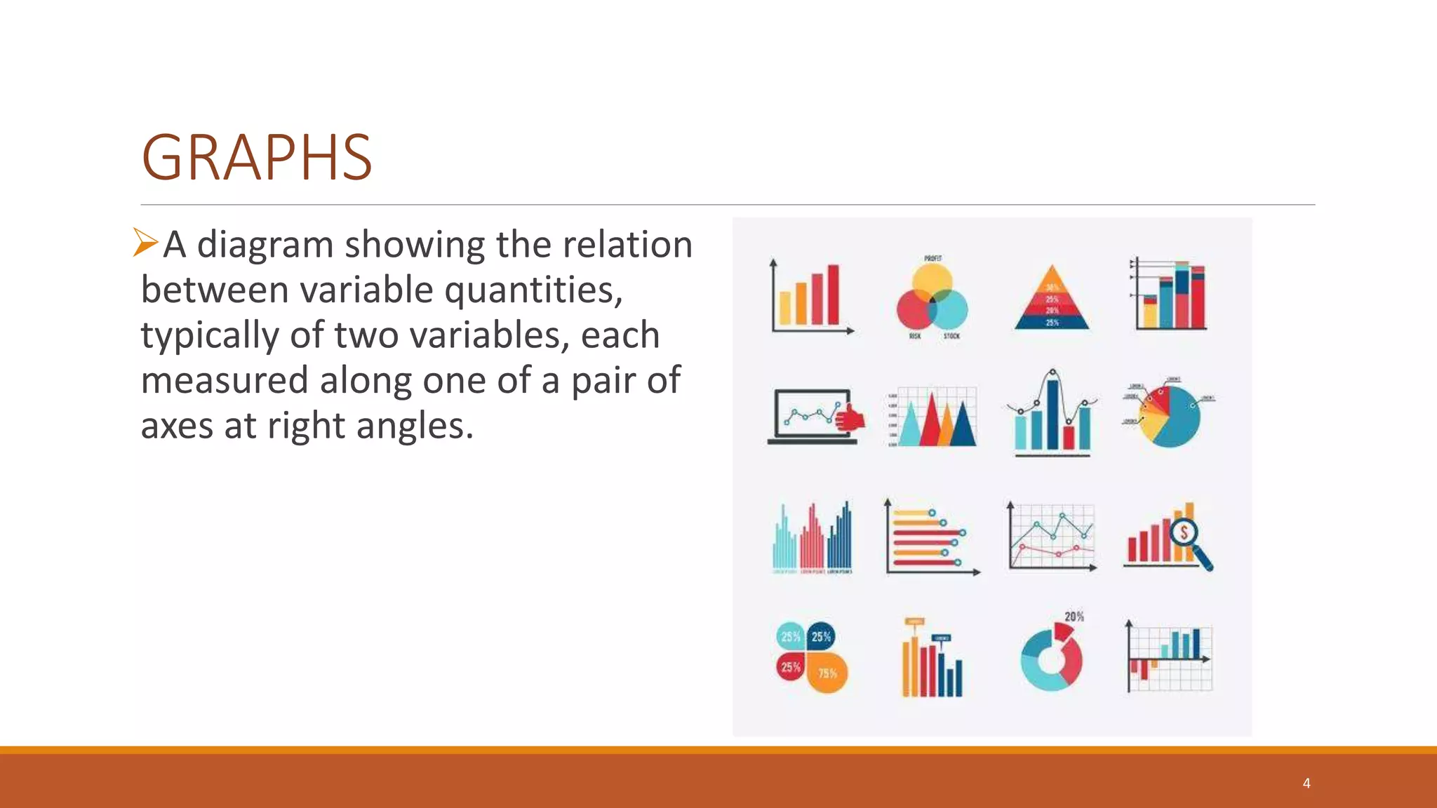 GRAPHS
A diagram showing the relation
between variable quantities,
typically of two variables, each
measured along one of a pair of
axes at right angles.
4
 