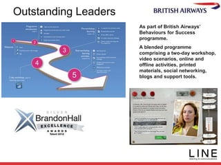 Outstanding Leaders
As part of British Airways’
Behaviours for Success
programme.
A blended programme
comprising a two-day workshop,
video scenarios, online and
offline activities, printed
materials, social networking,
blogs and support tools.
 