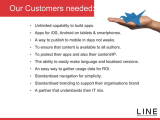 Our Customers needed:
▪ Unlimited capability to build apps.
▪ Apps for iOS, Android on tablets & smartphones.
▪ A way to publish to mobile in days not weeks.
▪ To ensure that content is available to all authors.
▪ To protect their apps and also their content/IP.
▪ The ability to easily make language and localised versions.
▪ An easy way to gather usage data for ROI.
▪ Standardised navigation for simplicity.
▪ Standardised branding to support their organisations brand
▪ A partner that understands their IT mix.
 