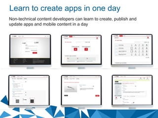 Learn to create apps in one day
Non-technical content developers can learn to create, publish and
update apps and mobile content in a day
 