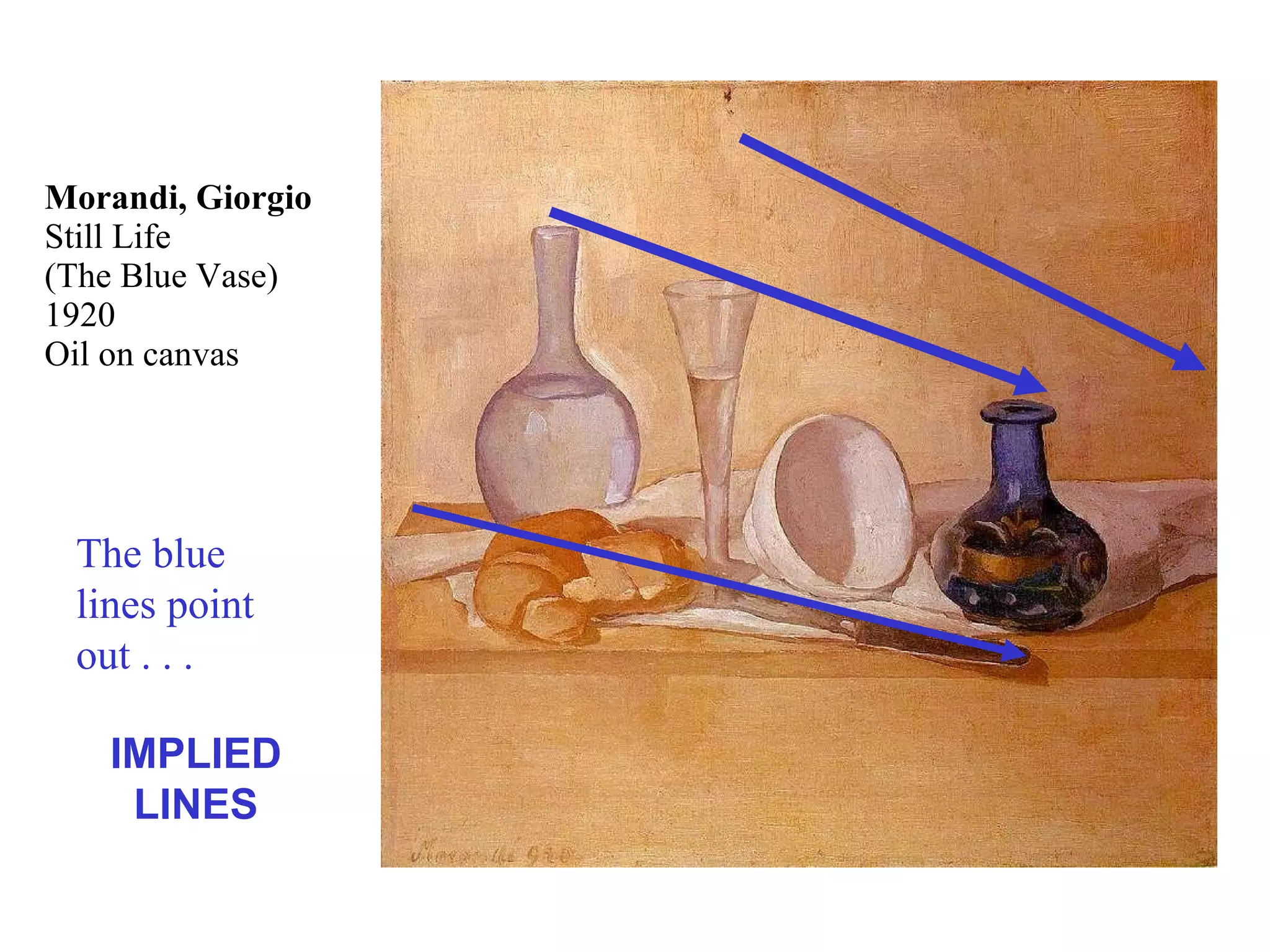 Morandi, Giorgio Still Life  (The Blue Vase) 1920 Oil on canvas The blue  lines point out . . . IMPLIED LINES 