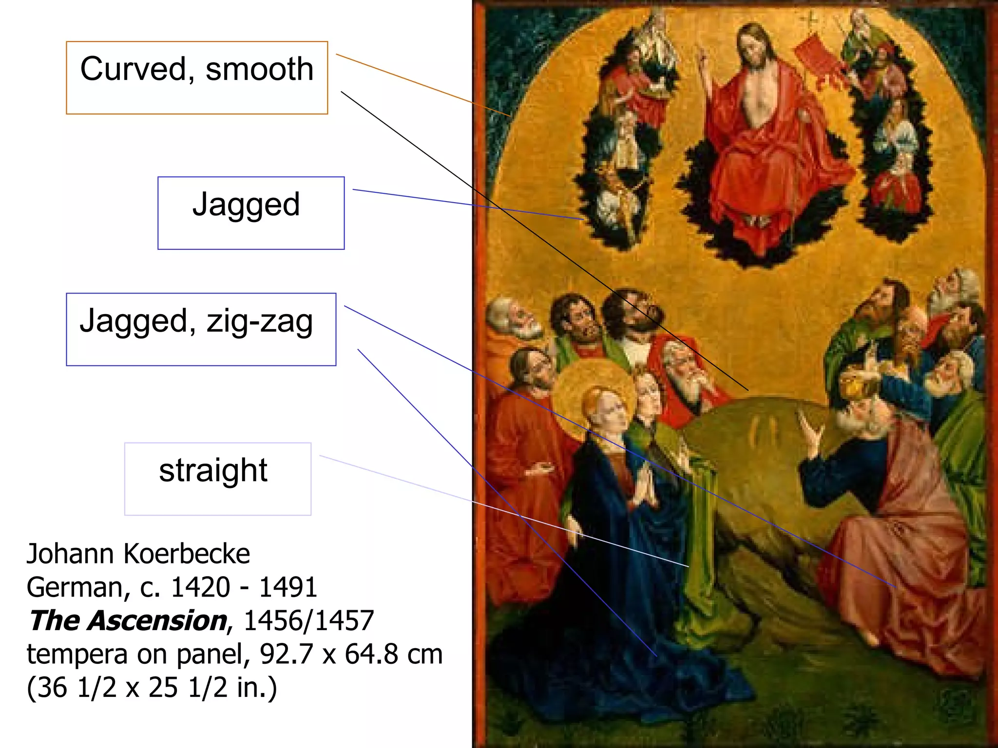 Johann Koerbecke German, c. 1420 - 1491 The Ascension , 1456/1457 tempera on panel, 92.7 x 64.8 cm (36 1/2 x 25 1/2 in.) Curved, smooth  Jagged  Jagged, zig-zag  straight  