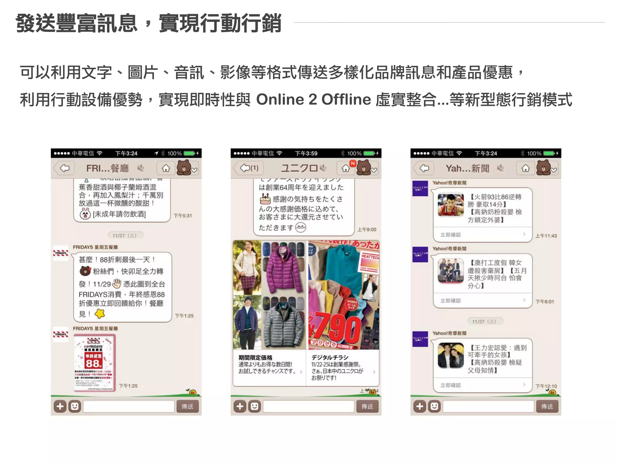 LINE 台灣使用者分佈
超過一半為一般上班族
職業 居住地區
女性
一般職員
54.2%
Source: Online Research by INSIGHTXPLORER, INC. (Mar 2014)
個⼈人月收⼊入
管理(高薪)階級
21.9%
學生
12.3%
其他
11.6%
4萬以下
59.5%
4萬~8萬
31.7%
超過8萬
8.9%
北區
50.3%
中區
20.3%
南區
29.4%
居住地區分佈與整體台灣類似
40%使用者收入超過四萬
由於LINE在台灣覆蓋率高，使用者組成與台灣人口分布比例類似。
 