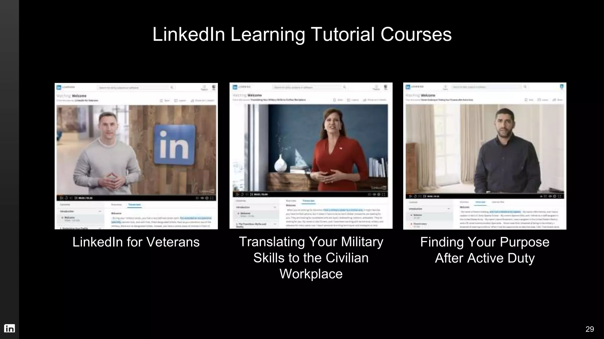 LinkedIn Learning Tutorial Courses
29
Translating Your Military
Skills to the Civilian
Workplace
LinkedIn for Veterans Finding Your Purpose
After Active Duty
 