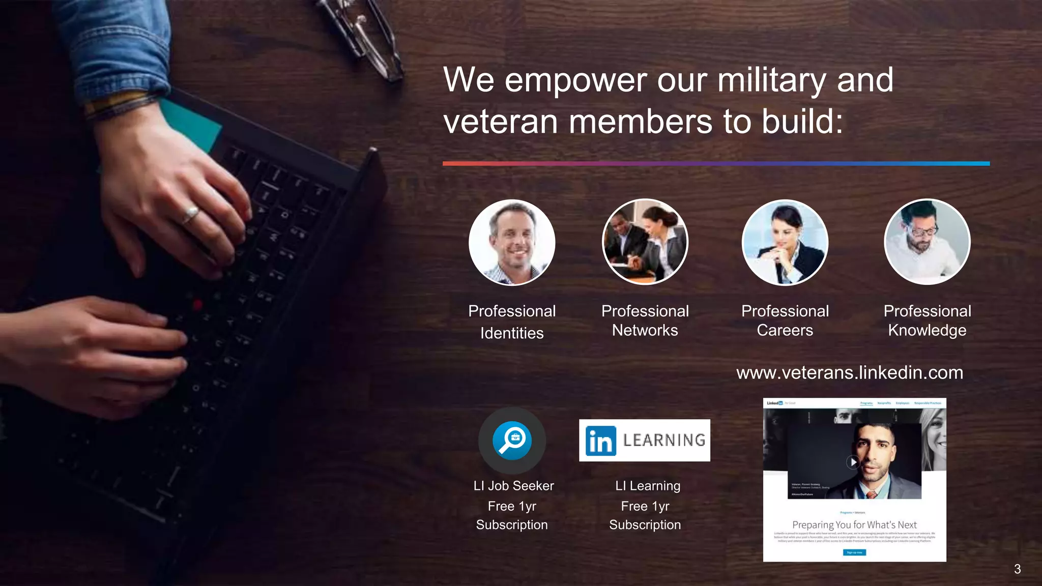 We empower our military and
veteran members to build:
LI Job Seeker
Free 1yr
Subscription
Free 1yr
Subscription
Professional
Identities
Professional
Networks
Professional
Careers
Professional
Knowledge
www.veterans.linkedin.com
3
LI Learning
 