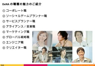 Copyright (C) 2013 DeNA Co.,Ltd. All Rights Reserved.
7
DeNA の職種の魅力のご紹介
① コーポレート職
② ソーシャルゲームプランナー職
③ サービスプランナー職
④ アライアンス／営業職
⑤ マーケティング職
⑥ グローバル戦略職
⑦ エンジニア職
⑧ クリエイター職
 