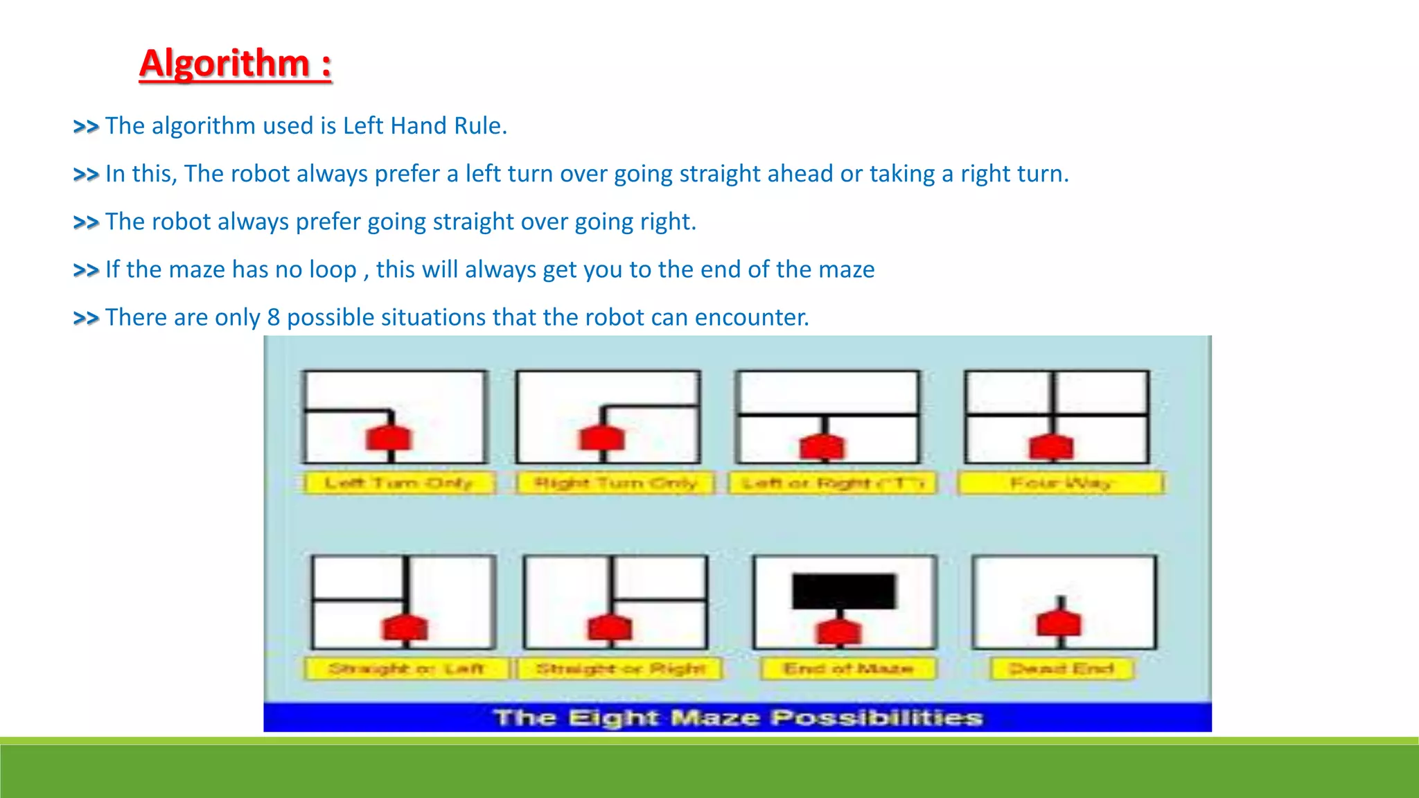 Algorithm :
>> The algorithm used is Left Hand Rule.
>> In this, The robot always prefer a left turn over going straight ahead or taking a right turn.
>> The robot always prefer going straight over going right.
>> If the maze has no loop , this will always get you to the end of the maze
>> There are only 8 possible situations that the robot can encounter.
 