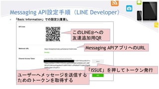 Messaging API設定手順（LINE Developer）
▶ 「Basic information」での設定2(重要)。
このLINE@への
友達追加用QR
Messaging APIアプリへのURL
ユーザーへメッセージを送信する
...