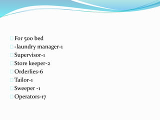 For 500 bed
-laundry manager-1
Supervisor-1
Store keeper-2
Orderlies-6
Tailor-1
Sweeper -1
Operators-17
 