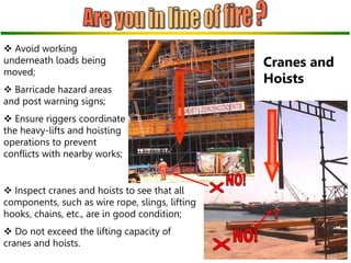  Avoid working
underneath loads being
moved;
 Barricade hazard areas
and post warning signs;
 Ensure riggers coordinate
the heavy-lifts and hoisting
operations to prevent
conflicts with nearby works;
Cranes and
Hoists
 Inspect cranes and hoists to see that all
components, such as wire rope, slings, lifting
hooks, chains, etc., are in good condition;
 Do not exceed the lifting capacity of
cranes and hoists.
 