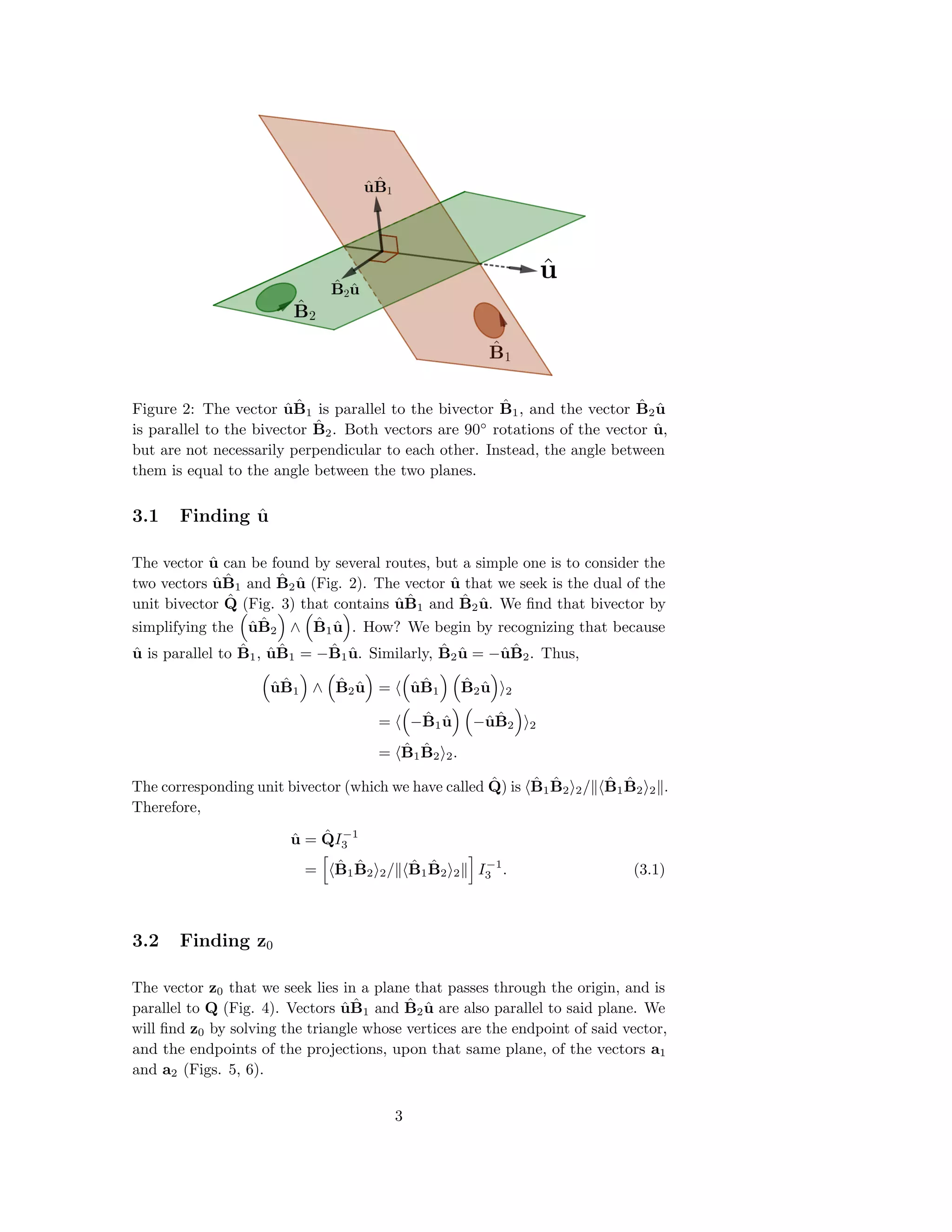Figure 2: The vector ˆu ˆB1 is parallel to the bivector ˆB1, and the vector ˆB2 ˆu
is parallel to the bivector ˆB2. Both vectors are 90◦
rotations of the vector ˆu,
but are not necessarily perpendicular to each other. Instead, the angle between
them is equal to the angle between the two planes.
3.1 Finding ˆu
The vector ˆu can be found by several routes, but a simple one is to consider the
two vectors ˆu ˆB1 and ˆB2 ˆu (Fig. 2). The vector ˆu that we seek is the dual of the
unit bivector ˆQ (Fig. 3) that contains ˆu ˆB1 and ˆB2 ˆu. We ﬁnd that bivector by
simplifying the ˆu ˆB2 ∧ ˆB1 ˆu . How? We begin by recognizing that because
ˆu is parallel to ˆB1, ˆu ˆB1 = − ˆB1 ˆu. Similarly, ˆB2 ˆu = −ˆu ˆB2. Thus,
ˆu ˆB1 ∧ ˆB2 ˆu = ˆu ˆB1
ˆB2 ˆu 2
= − ˆB1 ˆu −ˆu ˆB2 2
= ˆB1
ˆB2 2.
The corresponding unit bivector (which we have called ˆQ) is ˆB1
ˆB2 2/ ˆB1
ˆB2 2 .
Therefore,
ˆu = ˆQI−1
3
= ˆB1
ˆB2 2/ ˆB1
ˆB2 2 I−1
3 . (3.1)
3.2 Finding z0
The vector z0 that we seek lies in a plane that passes through the origin, and is
parallel to Q (Fig. 4). Vectors ˆu ˆB1 and ˆB2 ˆu are also parallel to said plane. We
will ﬁnd z0 by solving the triangle whose vertices are the endpoint of said vector,
and the endpoints of the projections, upon that same plane, of the vectors a1
and a2 (Figs. 5, 6).
3
 