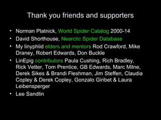 Thank you friends and supporters
• Norman Platnick, World Spider Catalog 2000-14
• David Shorthouse, Nearctic Spider Database
• My linyphiid elders and mentors Rod Crawford, Mike
Draney, Robert Edwards, Don Buckle
• LinEpig contributors Paula Cushing, Rich Bradley,
Rick Vetter, Tom Prentice, GB Edwards, Marc Milne,
Derek Sikes & Brandi Fleshman, Jim Steffen, Claudia
Copley & Derek Copley, Gonzalo Giribet & Laura
Leibensperger
• Lee Sandlin
 