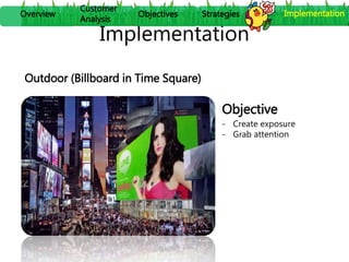 Implementation
Overview
Customer
Analysis
Objectives Strategies Implementation
Outdoor (Billboard in Time Square)
Objectiv...