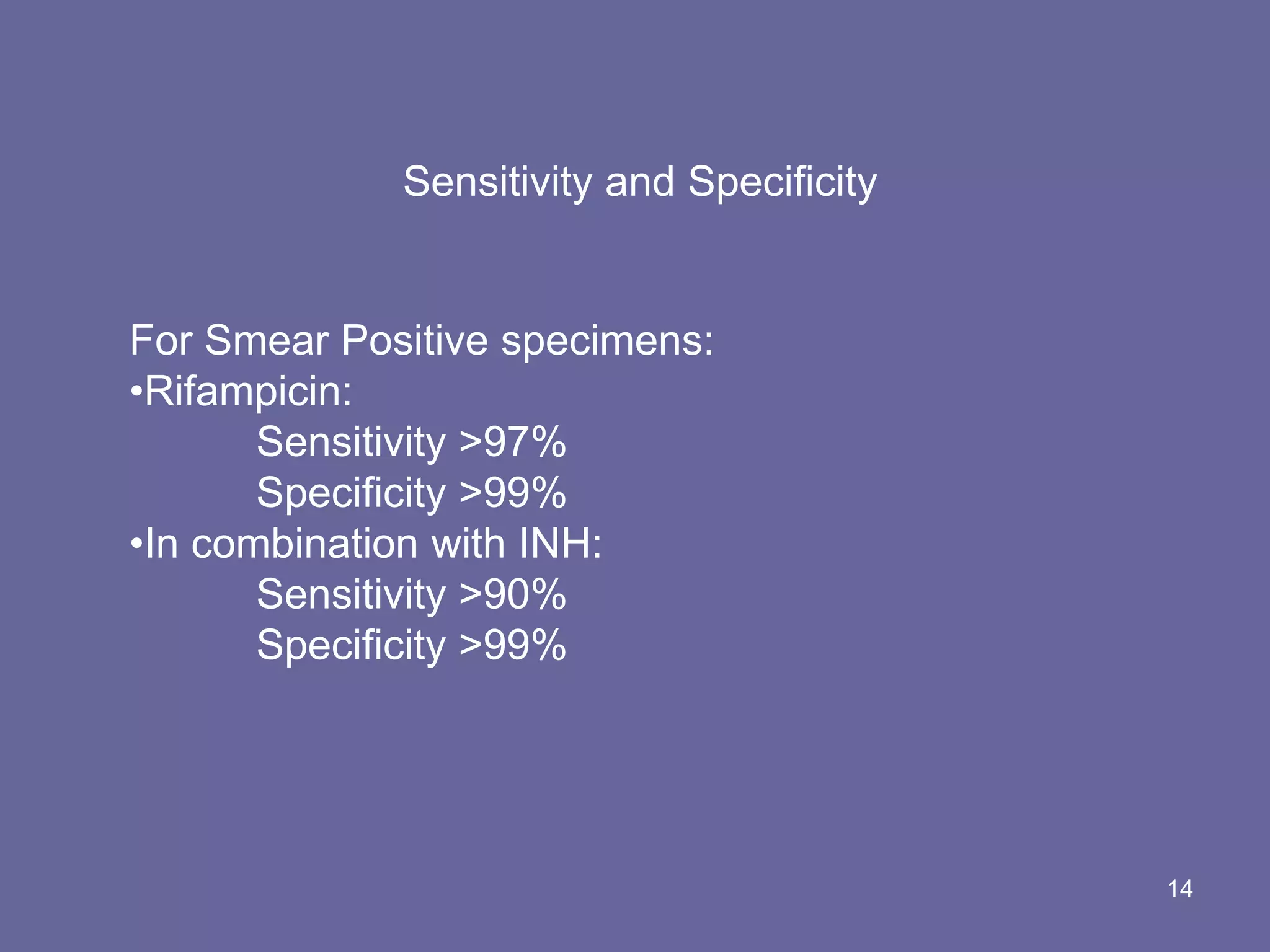 14
For Smear Positive specimens:
•Rifampicin:
Sensitivity >97%
Specificity >99%
•In combination with INH:
Sensitivity >90%
Specificity >99%
Sensitivity and Specificity