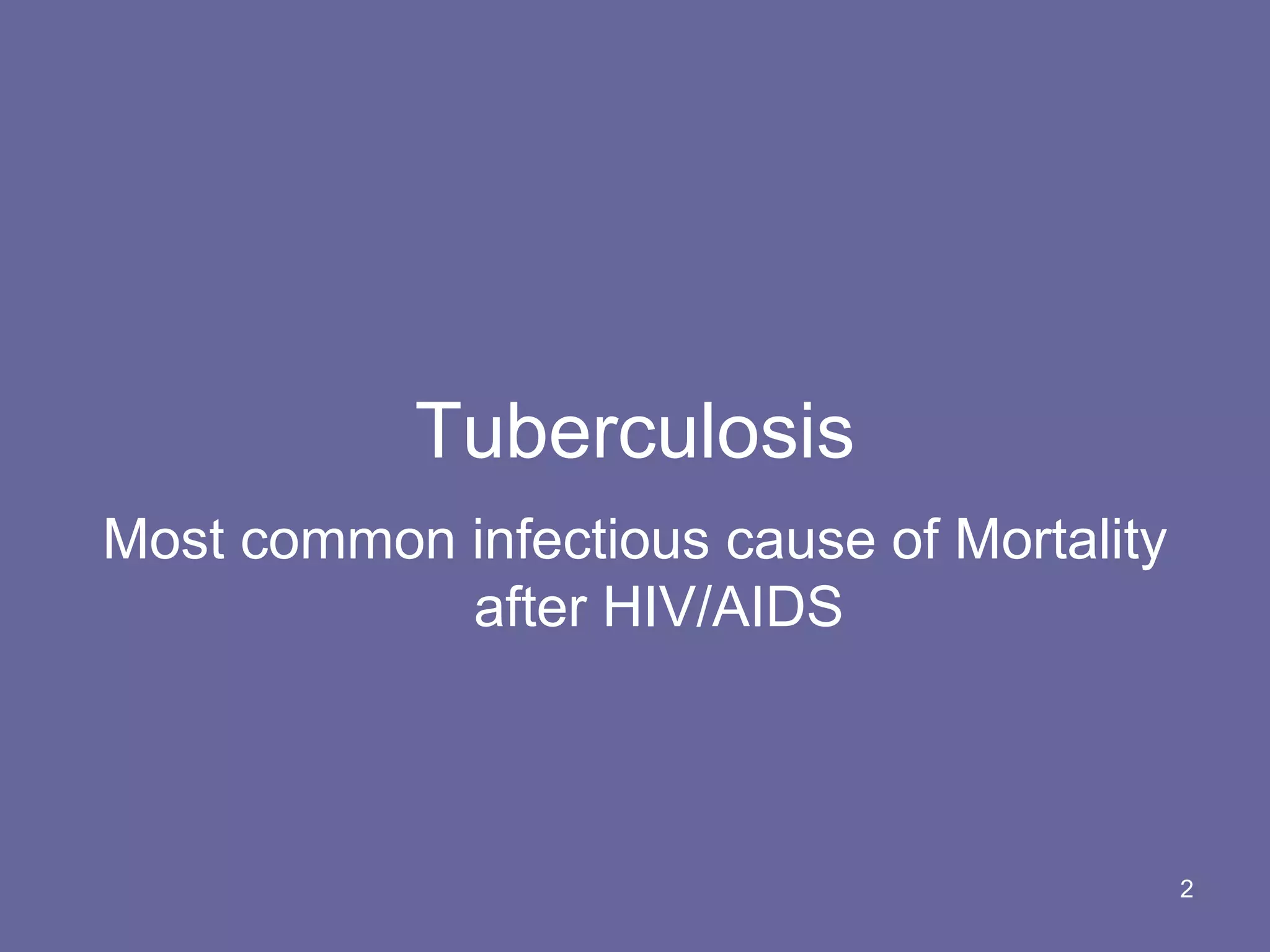 Tuberculosis
Most common infectious cause of Mortality
after HIV/AIDS
2