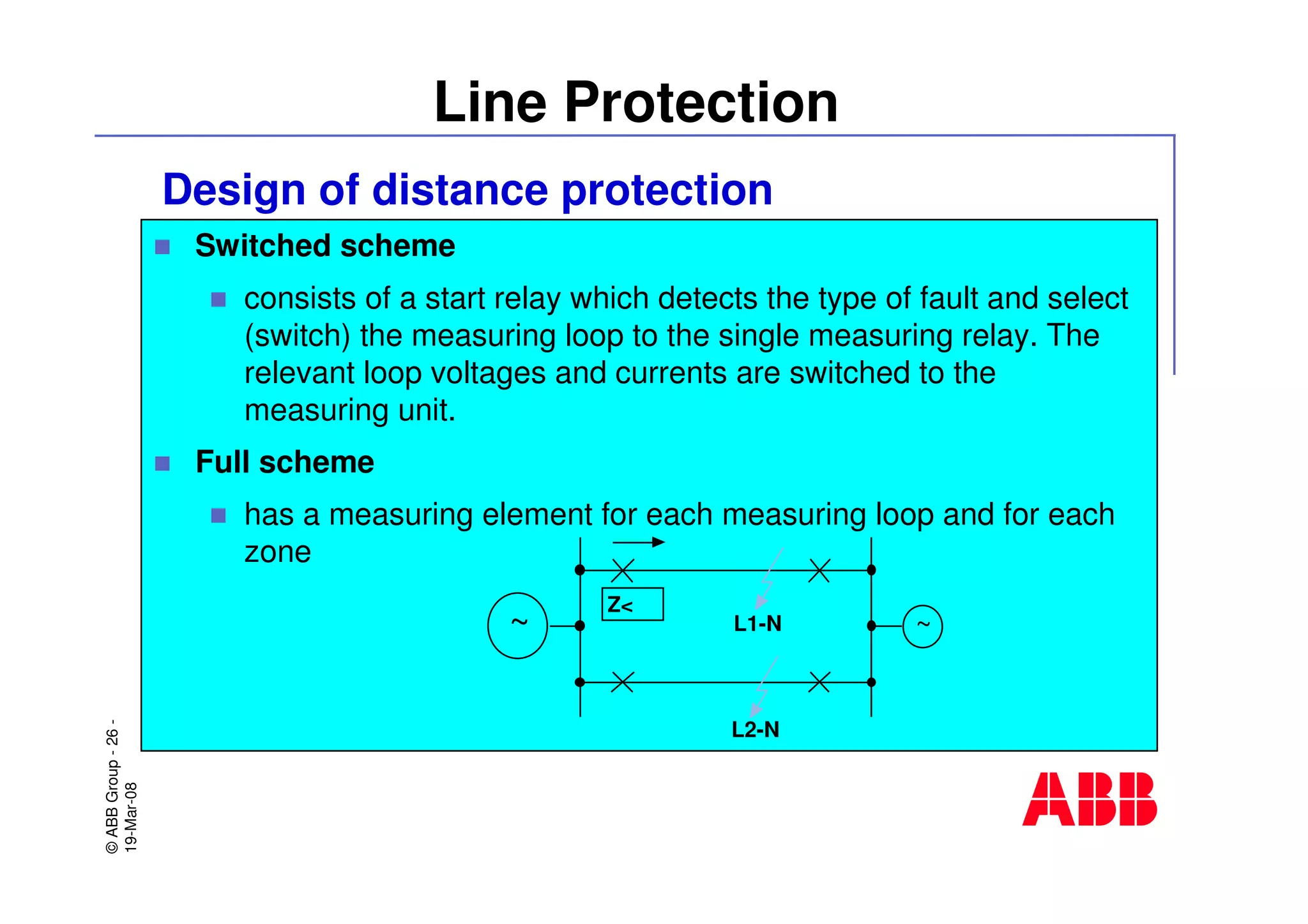 ©ABBGroup-26-
19-Mar-08
Line Protection
Design of distance protection
Switched scheme
consists of a start relay which detects the type of fault and select
(switch) the measuring loop to the single measuring relay. The
relevant loop voltages and currents are switched to the
measuring unit.
Full scheme
has a measuring element for each measuring loop and for each
zone
~~
Z<
L2-N
L1-N
 