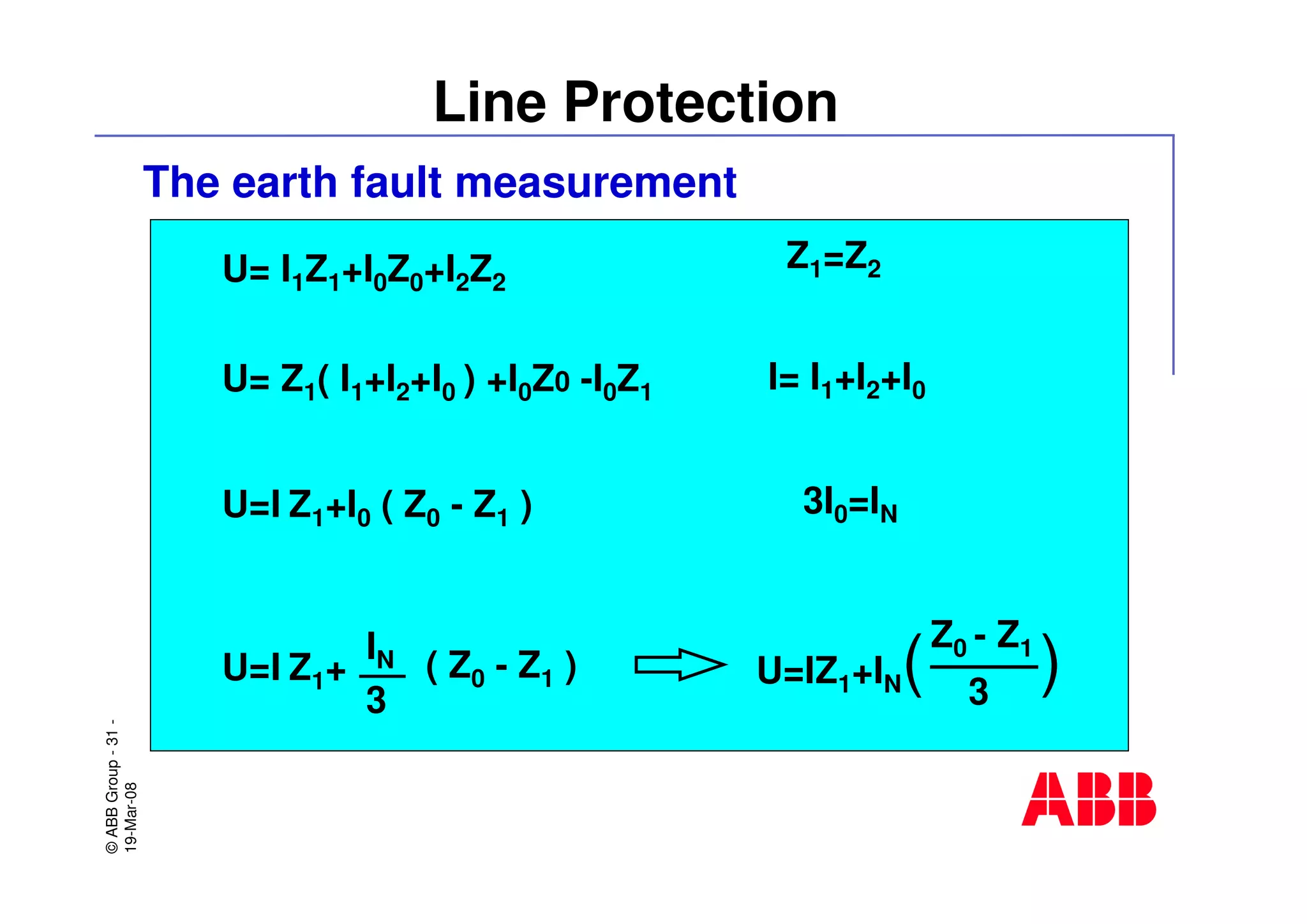 ©ABBGroup-31-
19-Mar-08
Line Protection
The earth fault measurement
U= I1Z1+I0Z0+I2Z2
Z1=Z2
U= Z1( I1+I2+I0 ) +I0Z0 -I0Z1 I= I1+I2+I0
U=I Z1+I0 ( Z0 - Z1 ) 3I0=IN
U=IZ1+IN(
Z0 - Z1
3
)U=I Z1+
IN
3
( Z0 - Z1 )
 