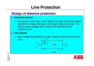 ©ABBGroup-26-
19-Mar-08
Line Protection
Design of distance protection
Switched scheme
consists of a start relay which detects the type of fault and select
(switch) the measuring loop to the single measuring relay. The
relevant loop voltages and currents are switched to the
measuring unit.
Full scheme
has a measuring element for each measuring loop and for each
zone
~~
Z<
L2-N
L1-N
 
