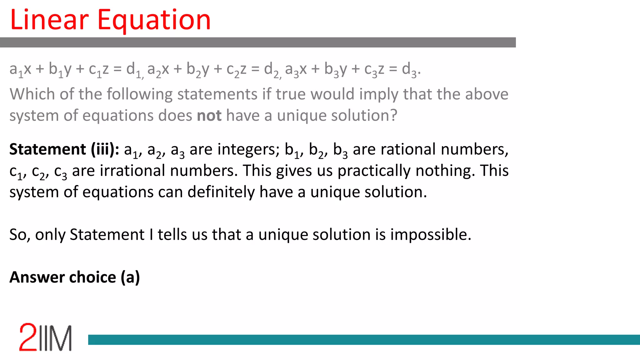Linear Equations - Conditions for Unique Solutions | PPT