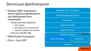 Эволюция фреймворков
• Поверх DPDK появляются
более удобные фреймворки
для программистов и
инженеров
• Запуск цепочек сервисов
• VM + Docker
• Интеграция host приложений
• Перехват трафика для анализа
• Уже есть VXLAN, GRE
• DPDK Packet Framework
• FD.io – Cisco VPP
18
Hardware
Application Layer / App Server
VM/VIM Management Systems
Network Controller
Operating Systems
Data Plane Services
Orchestration
Network IOPacket Processing
 