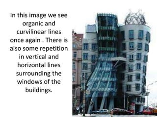 In this image we see organic and curvilinear lines once again . There is also some repetition in vertical and horizontal lines surrounding the windows of the buildings.