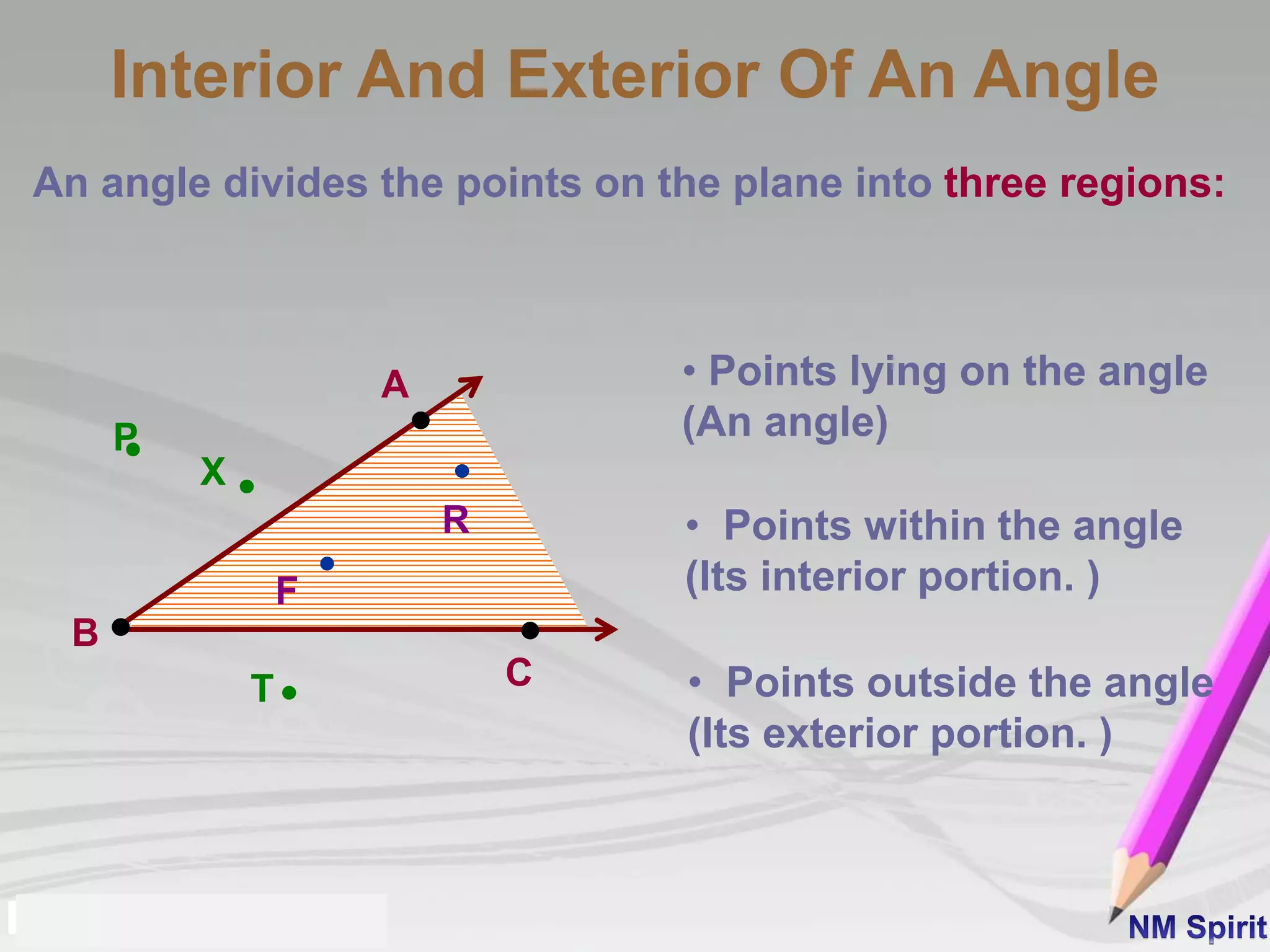 An angle divides the points on the plane into three regions:
A
B
C
F
R
P
T
X
Interior And Exterior Of An Angle
• Points lying on the angle
(An angle)
• Points within the angle
(Its interior portion. )
• Points outside the angle
(Its exterior portion. )
 