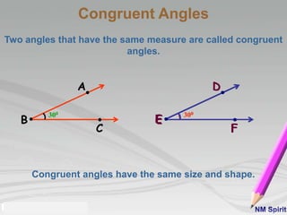 Two angles that have the same measure are called congruent
angles.
Congruent angles have the same size and shape.
A
B
C
300
D
E
F
300
D
E
F
300
Congruent Angles
 