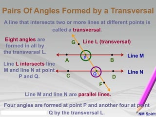 A line that intersects two or more lines at different points is
called a transversal.
Line L (transversal)
BA
Line M
Line N
DC
P
Q
G
F
Pairs Of Angles Formed by a Transversal
Line M and line N are parallel lines.
Line L intersects line
M and line N at point
P and Q.
Four angles are formed at point P and another four at point
Q by the transversal L.
Eight angles are
formed in all by
the transversal L.
 