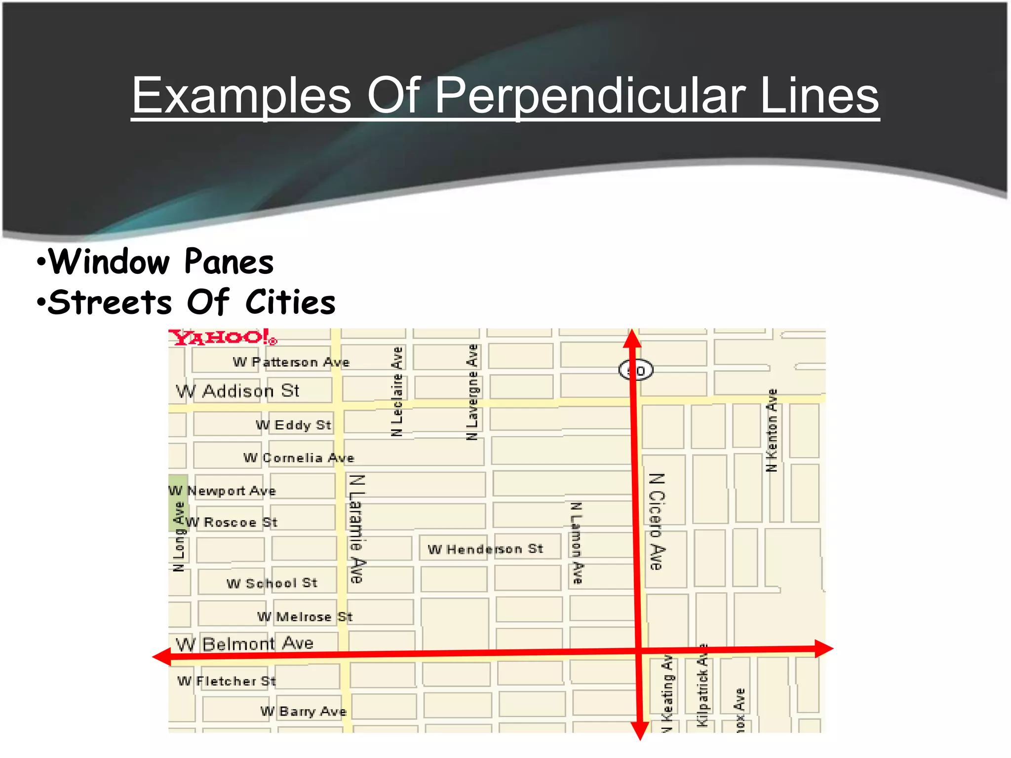 Examples Of Perpendicular Lines
•Window Panes
•Streets Of Cities
 