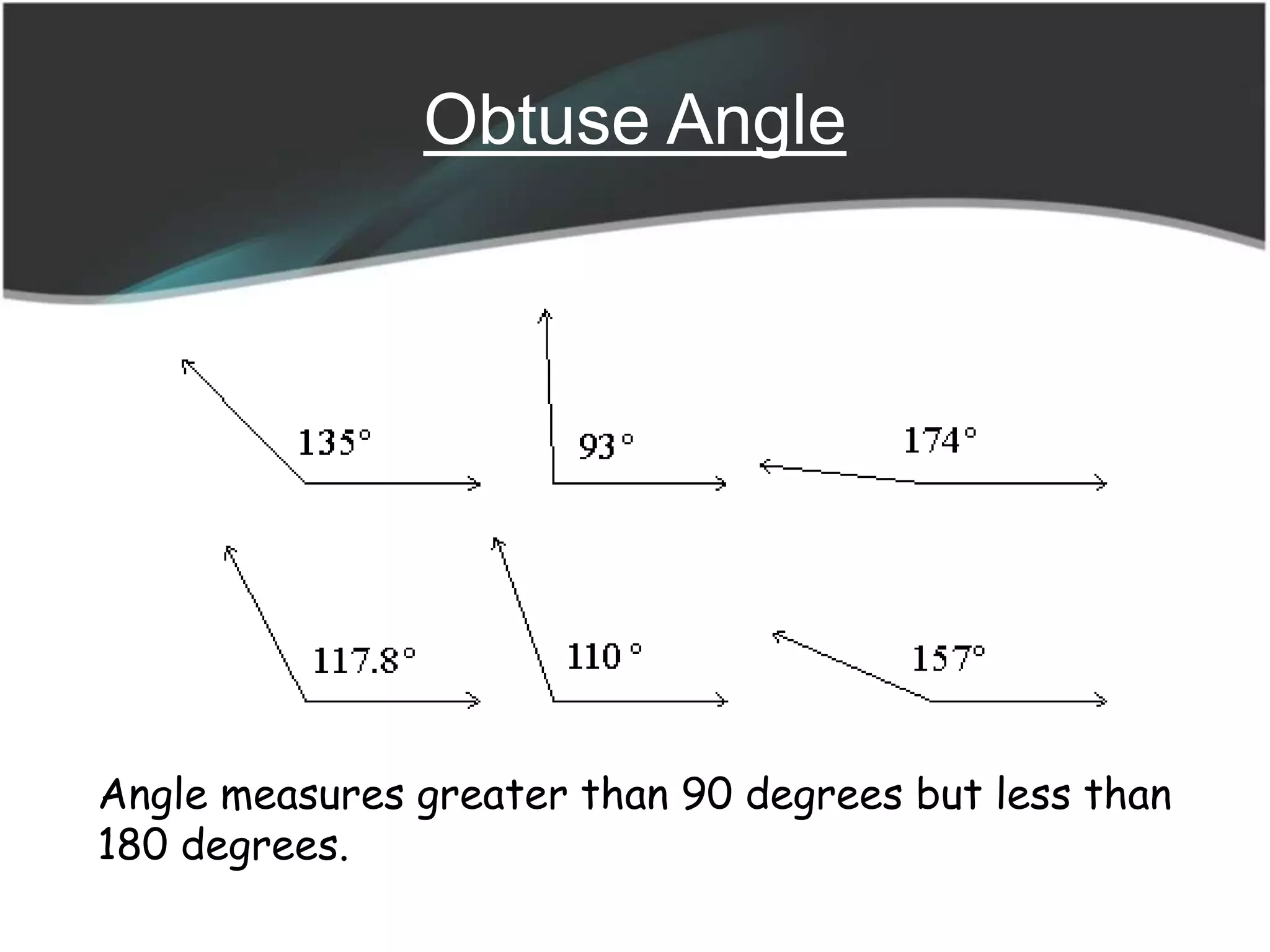 Obtuse Angle
Angle measures greater than 90 degrees but less than
180 degrees.
 