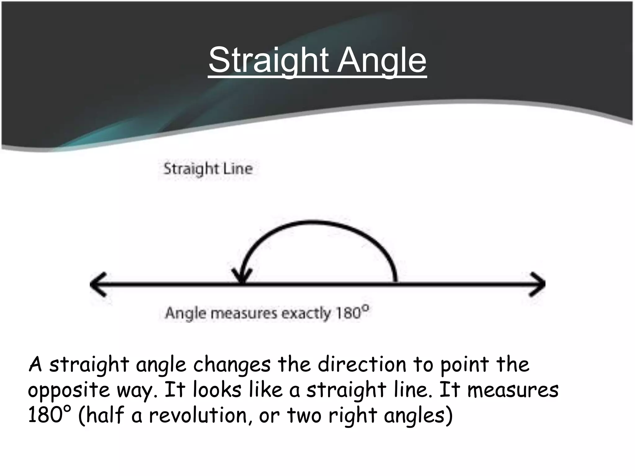 Straight Angle
A straight angle changes the direction to point the
opposite way. It looks like a straight line. It measures
180° (half a revolution, or two right angles)
 