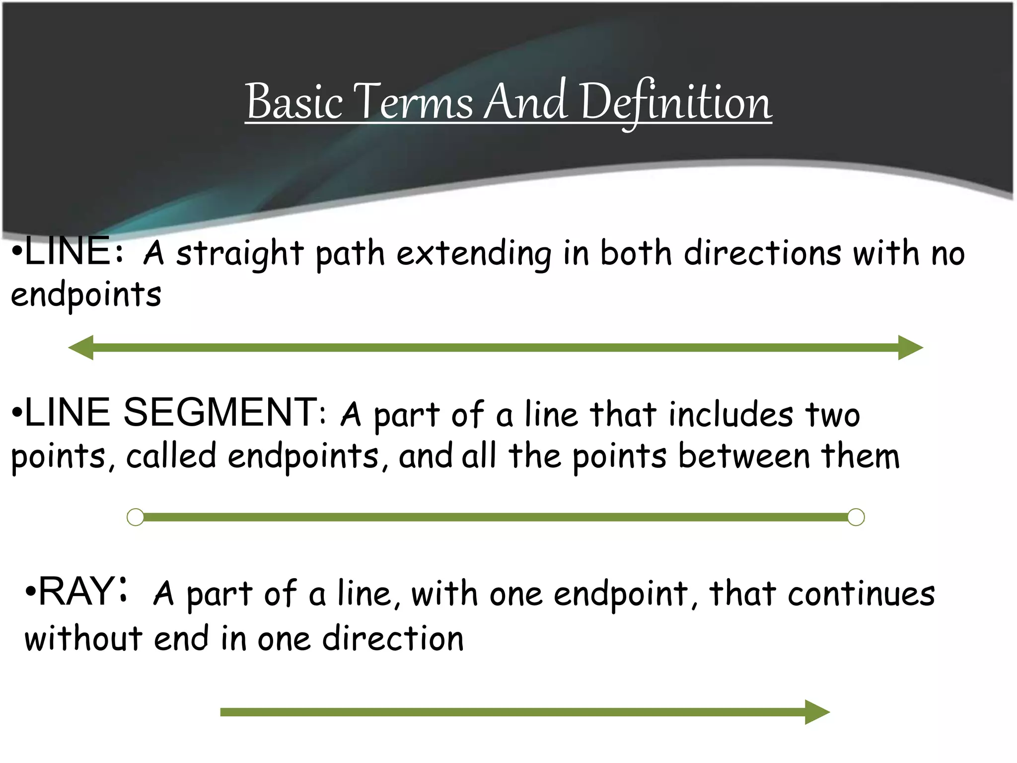 Basic Terms And Definition
•RAY: A part of a line, with one endpoint, that continues
without end in one direction
•LINE: A straight path extending in both directions with no
endpoints
•LINE SEGMENT: A part of a line that includes two
points, called endpoints, and all the points between them
 