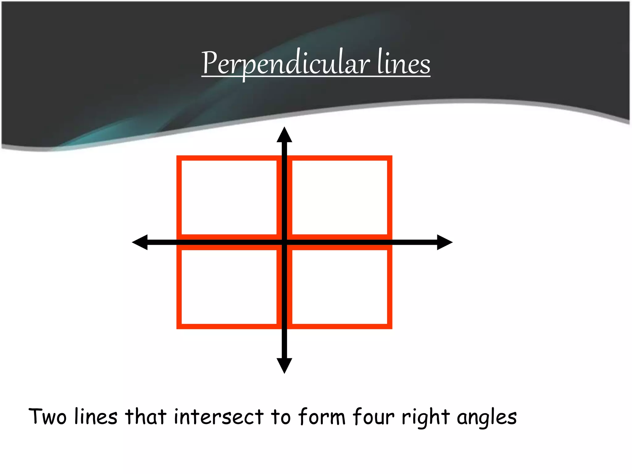 Perpendicular lines
Two lines that intersect to form four right angles
 