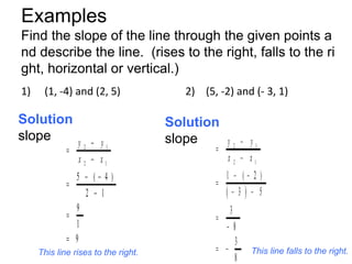 Examples
Find the slope of the line through the given points a
nd describe the line. (rises to the right, falls to the ri
...
