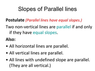 Slopes of Parallel lines
Postulate (Parallel lines have equal slopes.)
Two non-vertical lines are parallel if and only
if ...