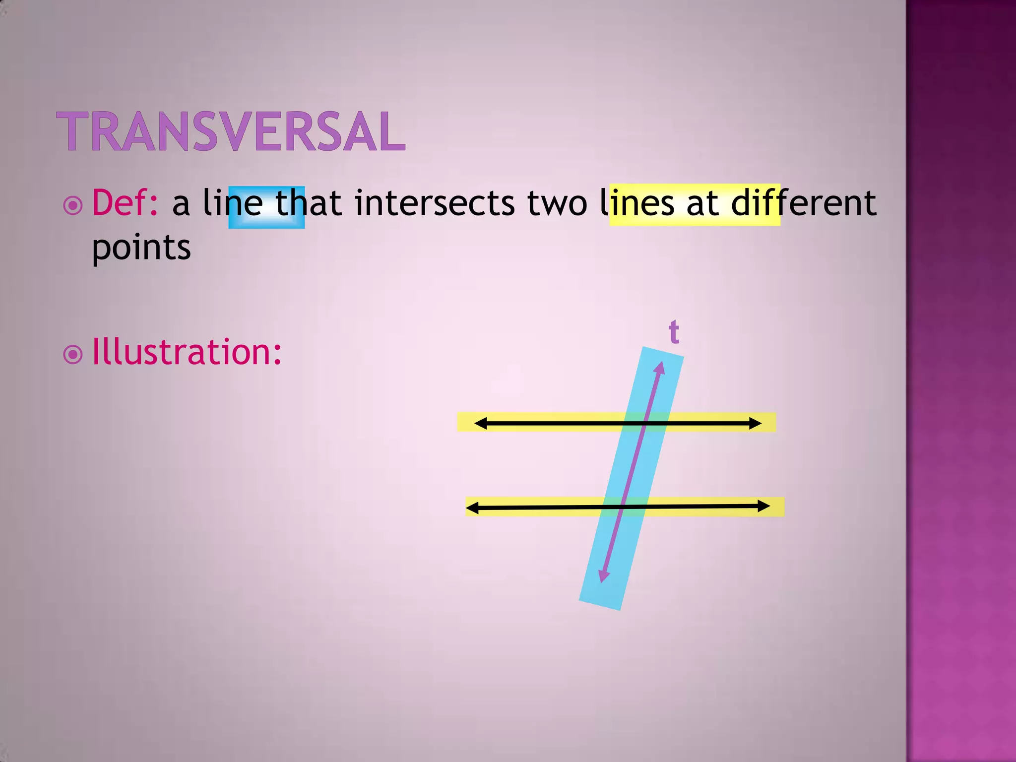  Def: a line that intersects two lines at different
  points

                                      t
 Illustration:
 