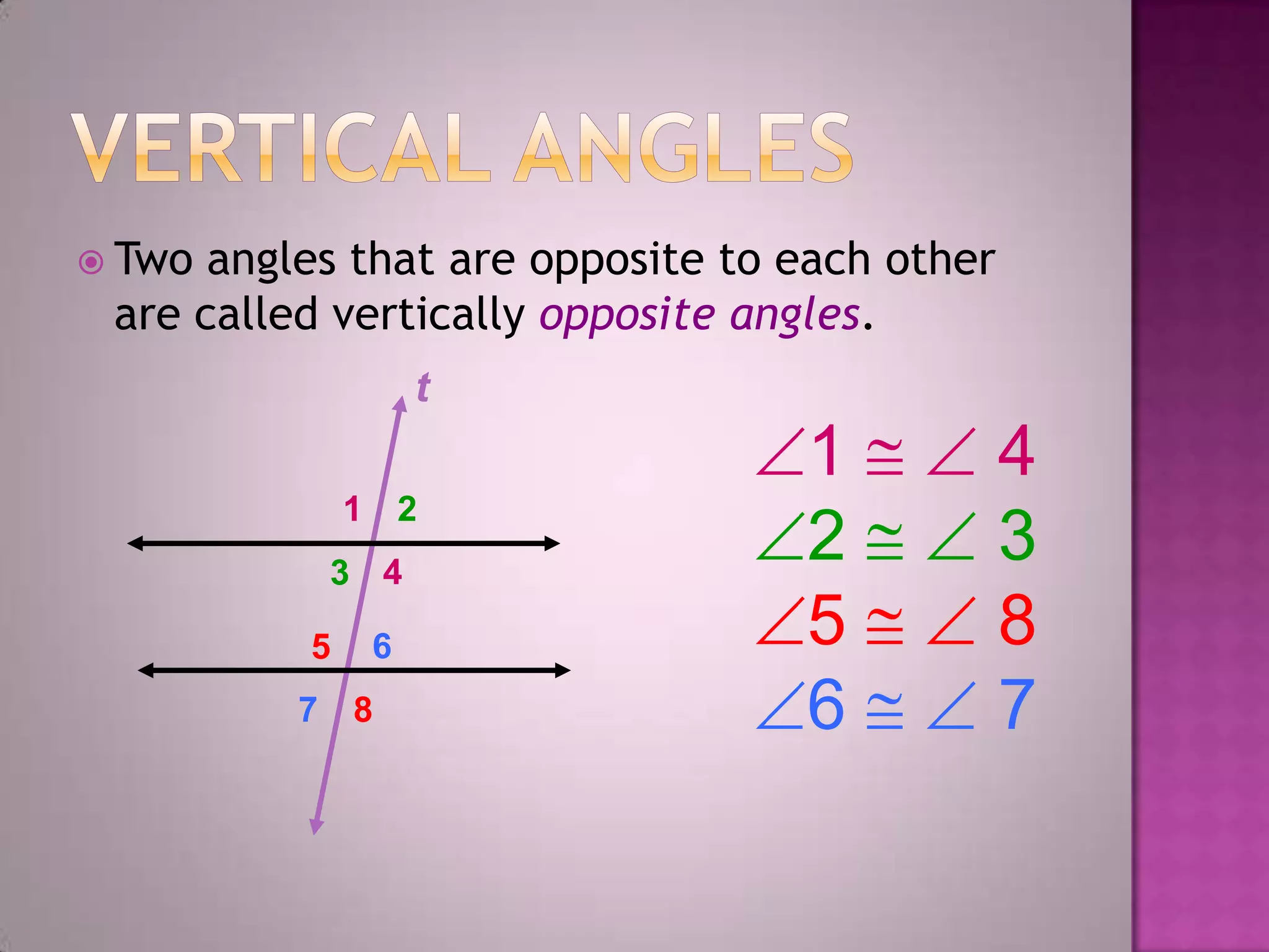  Two angles that are opposite to each other
 are called vertically opposite angles.
                   t
                                  1            4
              1 2
             3 4
                                  2            3
          5    6                  5            8
         7    8                   6            7
 