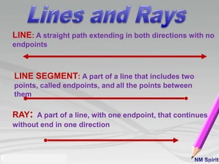RAY: A part of a line, with one endpoint, that continues
without end in one direction
LINE: A straight path extending in both directions with no
endpoints
LINE SEGMENT: A part of a line that includes two
points, called endpoints, and all the points between
them
 