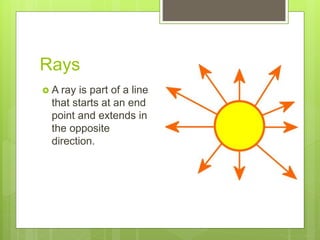 Rays
 A ray is part of a line
that starts at an end
point and extends in
the opposite
direction.
 