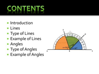  Introduction
 Lines
 Type of Lines
 Example of Lines
 Angles
 Type of Angles
 Example of Angles
 