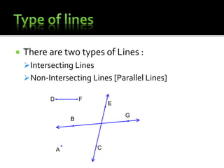  There are two types of Lines :
Intersecting Lines
Non-Intersecting Lines [Parallel Lines]
 