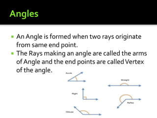  An Angle is formed when two rays originate
from same end point.
 The Rays making an angle are called the arms
of Angle and the end points are calledVertex
of the angle.
 
