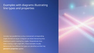 Examples with diagrams illustrating
line types and properties
Consider two parallel lines cut by a transversal: corresponding
angles formed are equal. A diagram can show intersecting lines
meeting at a point creating four angles. Perpendicular lines
meet creating a right angle (90°). These examples visually
demonstrate how different line types are identified and their key
geometric properties applied.
 