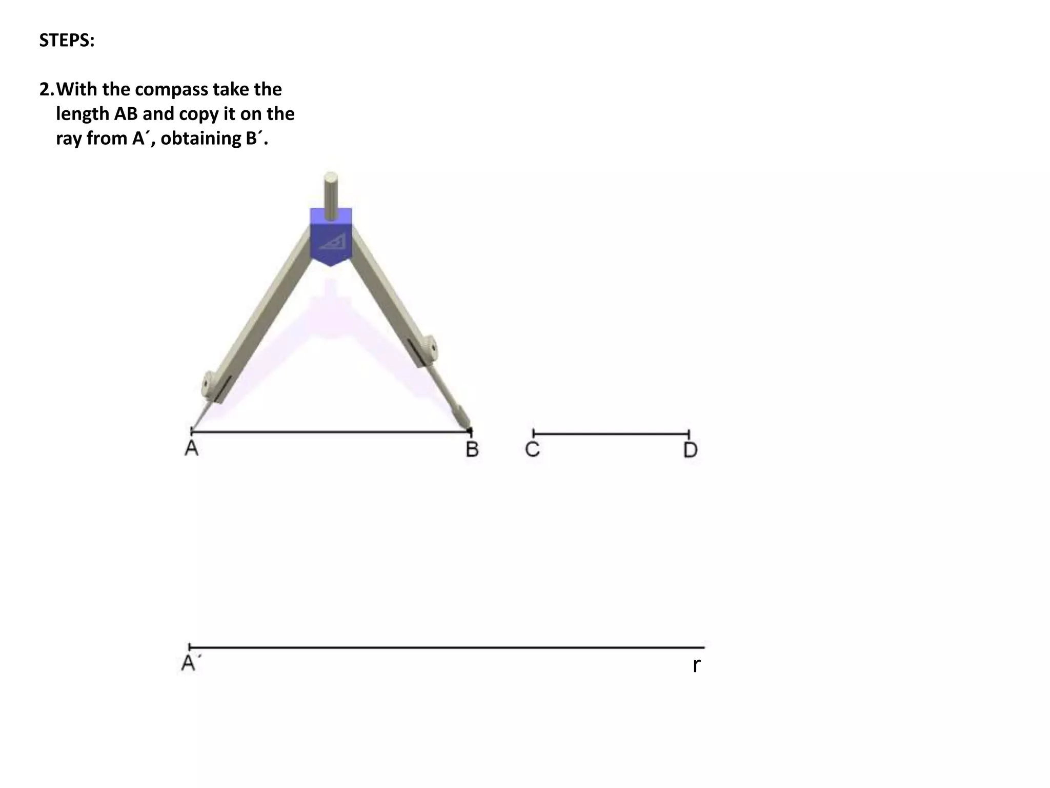 STEPS: 
2.With the compass take the 
length AB and copy it on the 
ray from A´, obtaining B´. 
r 
 