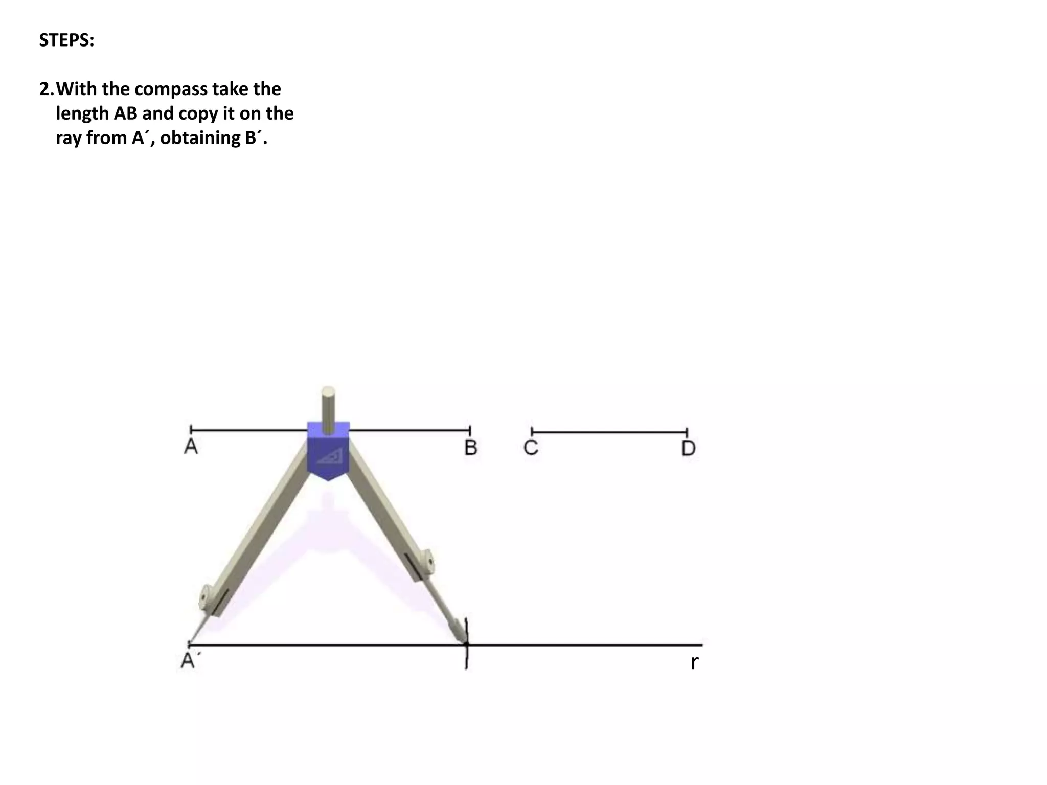 STEPS: 
2.With the compass take the 
length AB and copy it on the 
ray from A´, obtaining B´. 
r 
 