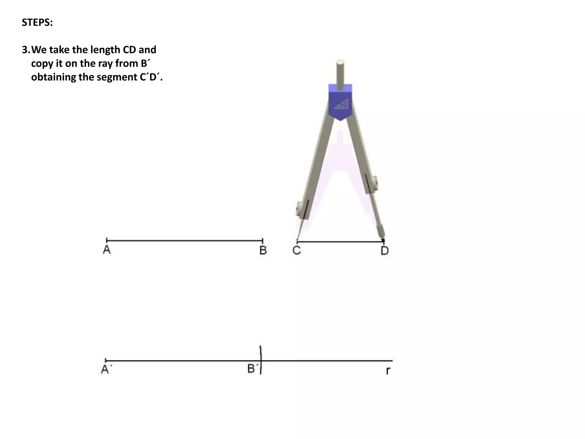 STEPS: 
3.We take the length CD and 
copy it on the ray from B´ 
obtaining the segment C´D´. 
r 
 