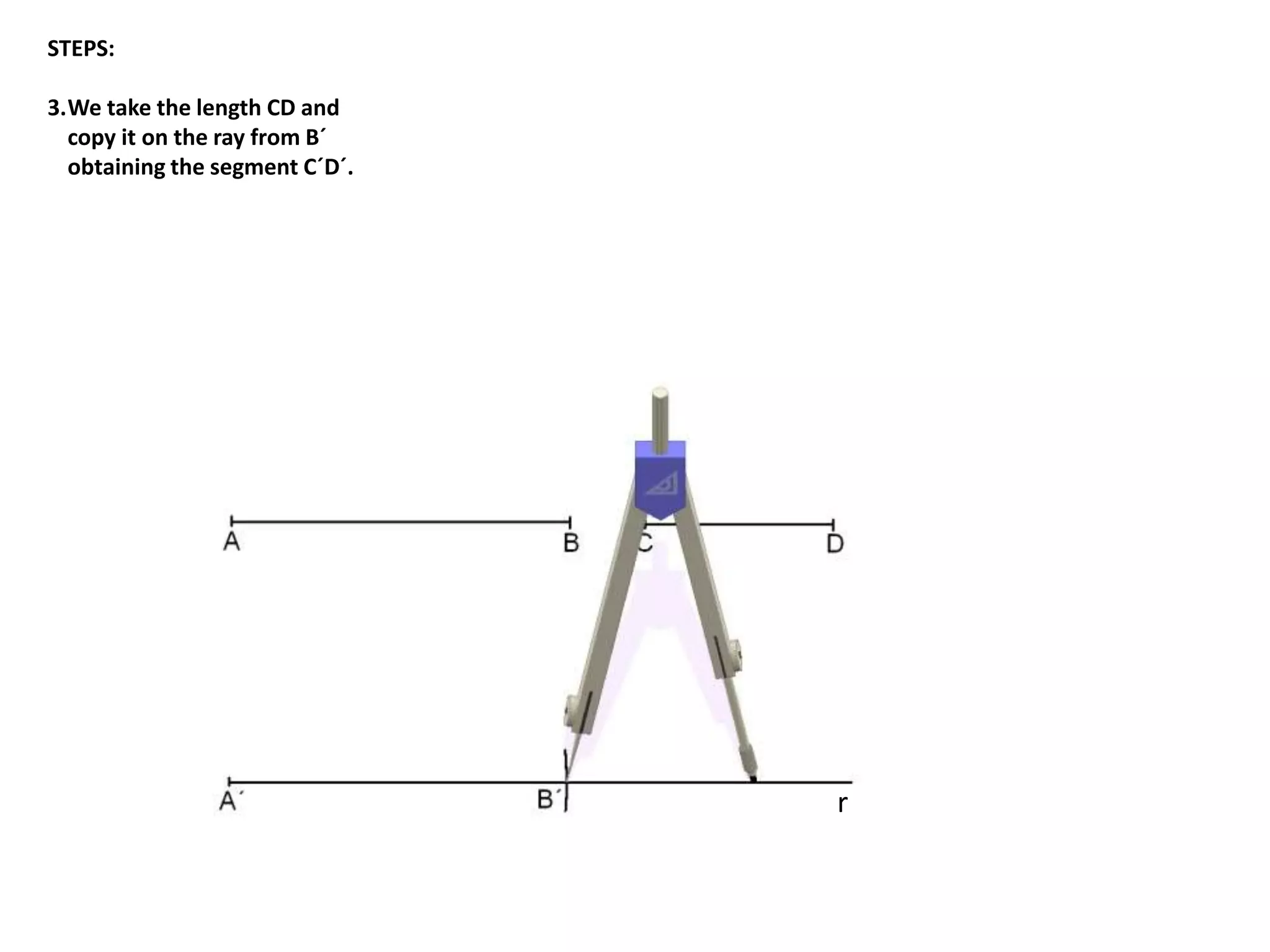 STEPS: 
3.We take the length CD and 
copy it on the ray from B´ 
obtaining the segment C´D´. 
r 
 