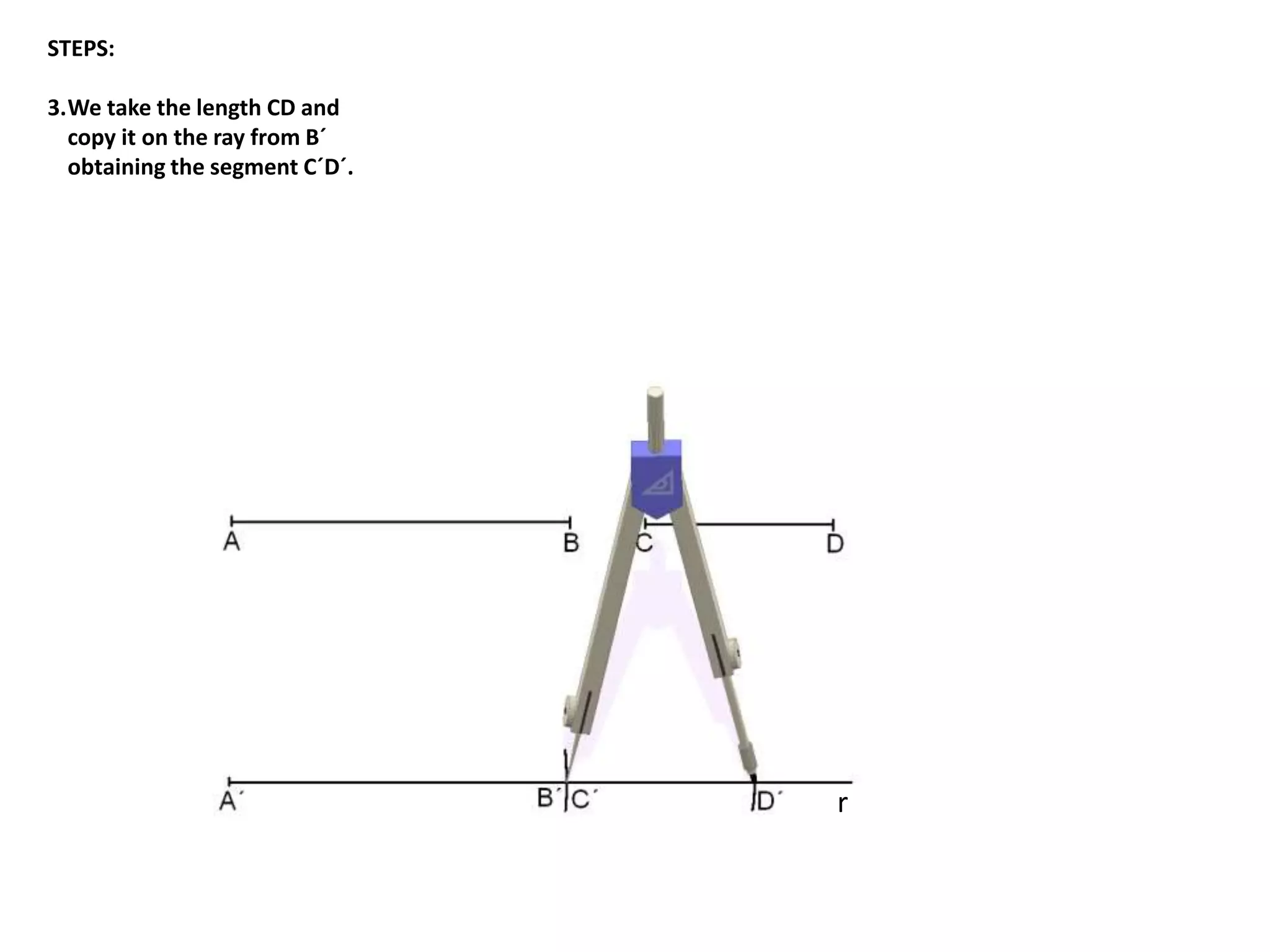 STEPS: 
3.We take the length CD and 
copy it on the ray from B´ 
obtaining the segment C´D´. 
r 
 