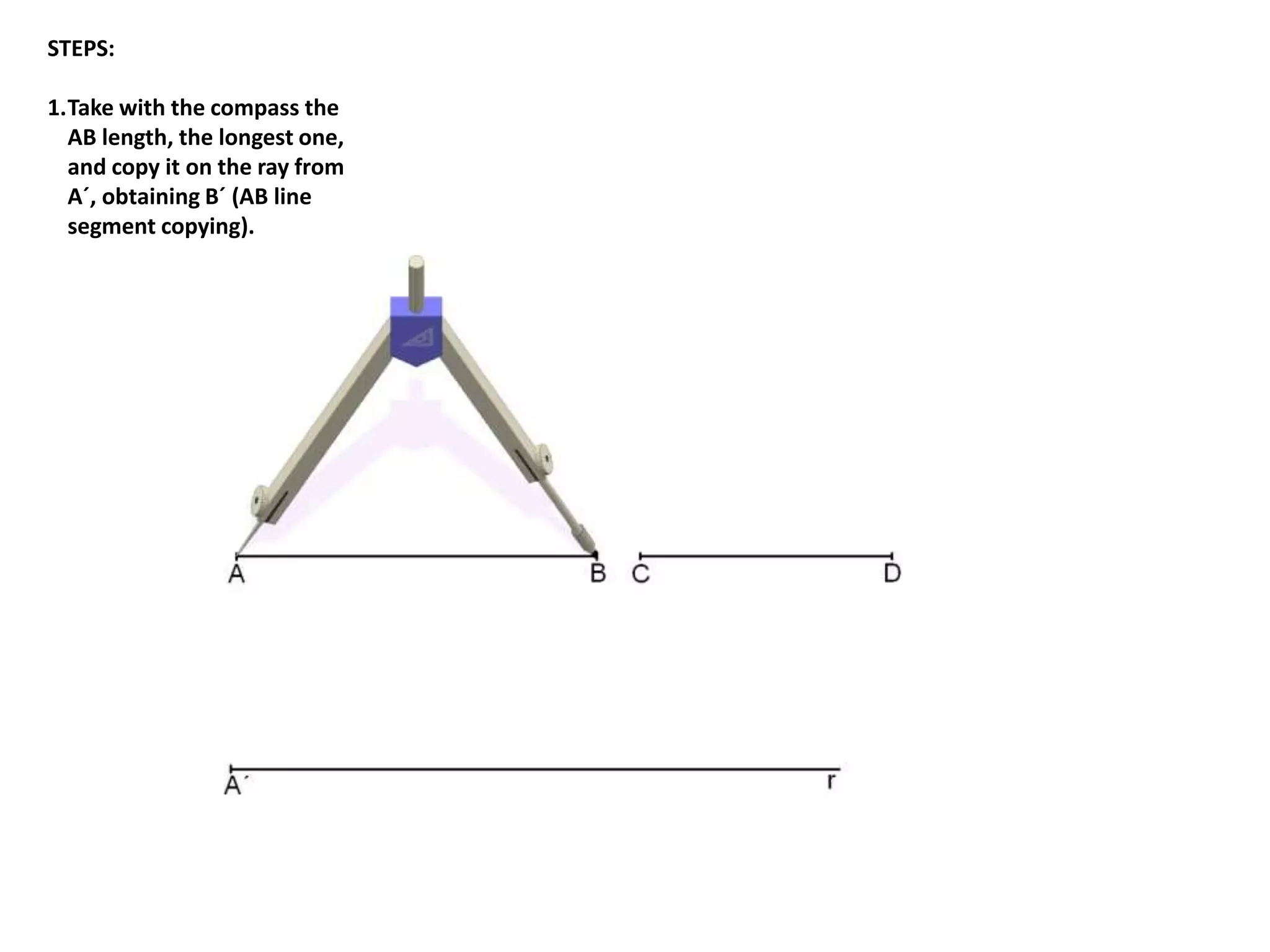 STEPS: 
1.Take with the compass the 
AB length, the longest one, 
and copy it on the ray from 
A´, obtaining B´ (AB line 
segment copying). 
 