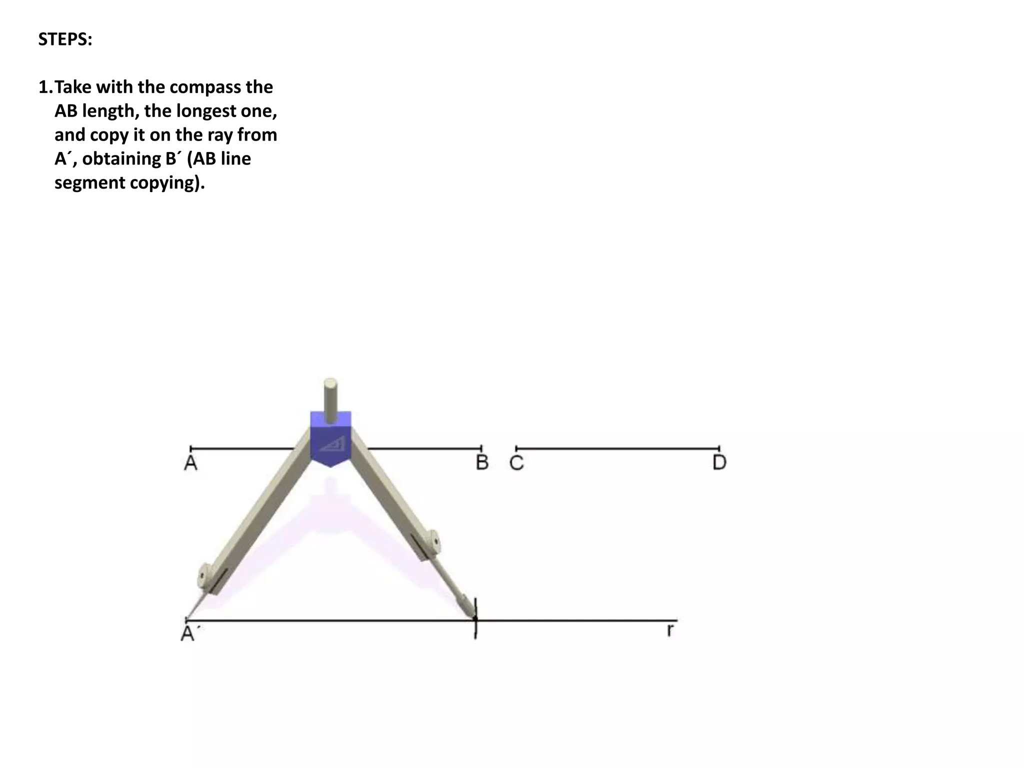 STEPS: 
1.Take with the compass the 
AB length, the longest one, 
and copy it on the ray from 
A´, obtaining B´ (AB line 
segment copying). 
 